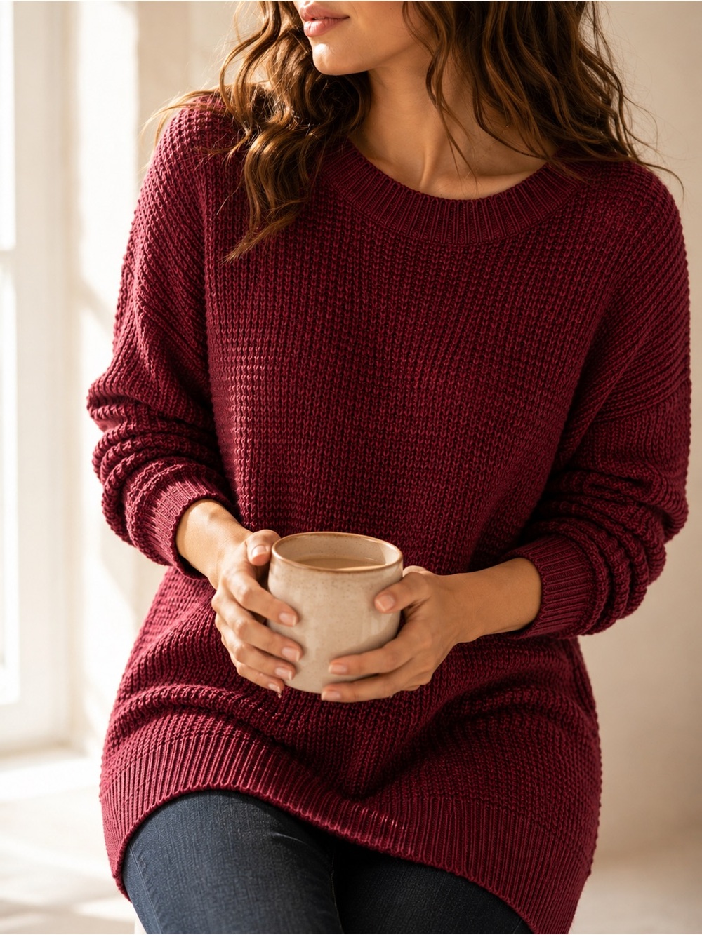 Cozy Knit Waffle Pull Over Sweater Top | Burgundy | Size Small